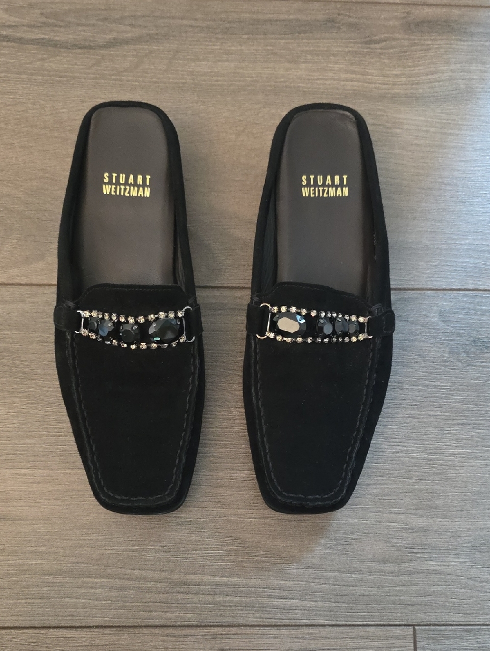 Stuart Weitzman Black Suede Jeweled Loafers